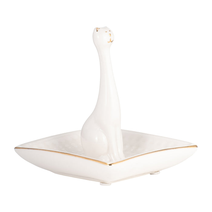 Porte-bagues chat carré en porcelaine - blanc et doré