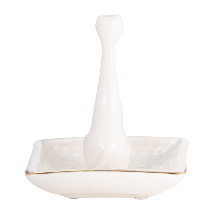 Porte-bagues chat carré en porcelaine - blanc et doré