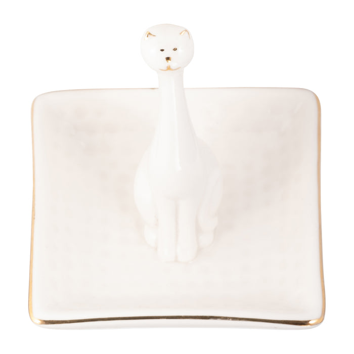 Porte-bagues chat carré en porcelaine - blanc et doré