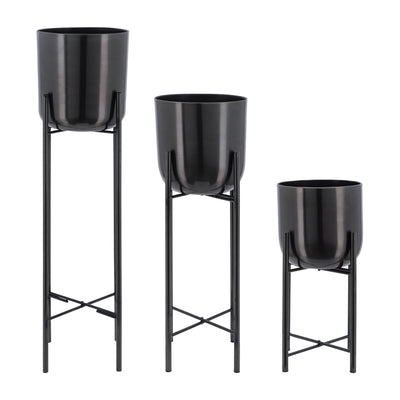 Metal 20"/30"/40" Gunmetal Grey Planter on Stand - Set of 3|Cache-pot de 20 po/30 po/40 po en métal gris métallisé sur support - ensemble de 3