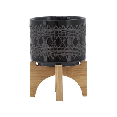 Ceramic 5" Aztec Planter with Wood Stand - Black|Cache-pot de 5 po en céramique à motif aztèque avec support en bois - noir