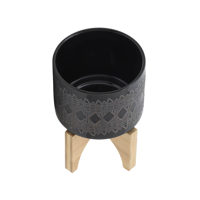 Cache-pot de 5 po en céramique à motif aztèque avec support en bois - noir