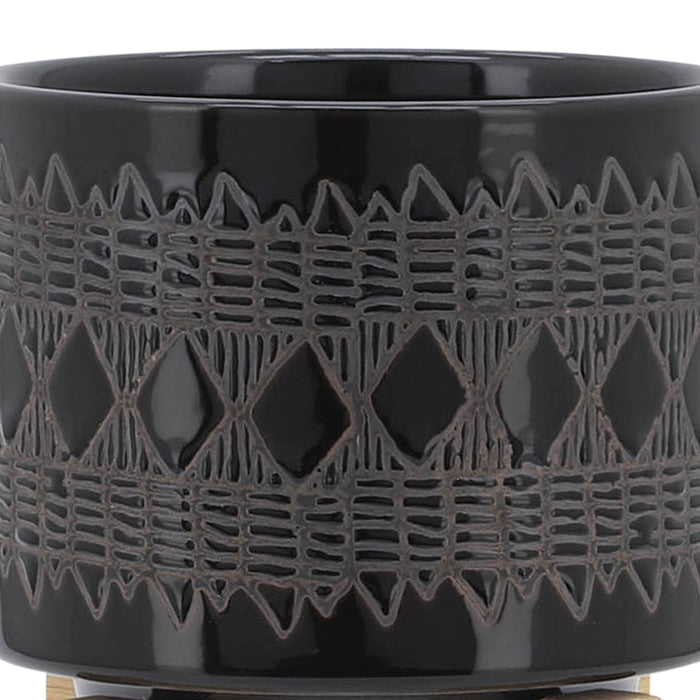 Cache-pot de 5 po en céramique à motif aztèque avec support en bois - noir