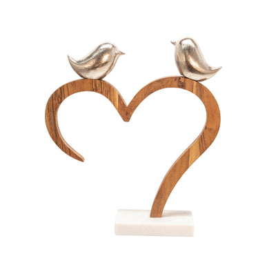 Metal 15" Birds Perched on Wood Heart with Marble Base - Silver|Oiseaux perchés sur un cœur en bois de 15 po en métal avec base en marbre - argentés
