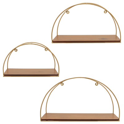 Metal and Wood Half-Moon Wall Shelves Set of 3 - Brown and Gold | Ensemble de 3 tablettes murales en forme de demi-lune en bois et en métal - brun et doré