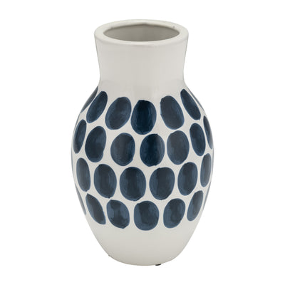 Ceramic 10" Navy Polka Dot Flower Vase - White|Vase à fleurs de 10 po en céramique à motif à pois bleu marine - blanc