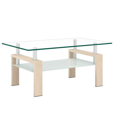 Liam Modern Rectangle Clear Tempered Glass Coffee Table,Oak | Table basse moderne rectangulaire en verre trempe transparent Liam, finition chene