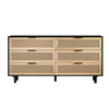 Meuble de rangement moderne Mila a 6 tiroirs en rotin avec structure en bois manufacture, noir, 150 cm