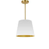 Petit luminaire suspendu de Dainolite avec très grand abat-jour cylindrique effilé blanc et doré, et 1 ampoule