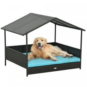 Pawhut Niche D'exterieur En Rotin Pour Chien Avec Auvent D'ombrage, Lit Sureleve En Osier Avec Coussin Doux Et Housse Lavable, Pour Chiens De Taille Moyenne Et Grande, Interieur Et Exterieur, Bleu