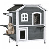 Maison Pour Chat En Bois Massif Pawhut A 2 Etages, Avec Espace Salon Interieur, Interieur/exterieur Et Entrees Amusantes, Catio, Gris