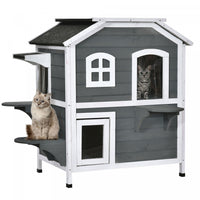 Maison Pour Chat En Bois Massif Pawhut A 2 Etages, Avec Espace Salon Interieur, Interieur/exterieur