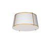 Plafonnier affleuré Trapezoid de Dainolite avec abat-jour cylindrique effilé doré et blanc qui diffuse la lumière, tissu blanc et 3 ampoules
