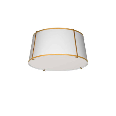 Dainolite Trapezoid 3 Light Flush Mount Tapered Drum Shaped Gold/White Shade White Fabric Diffuser Lamp|Plafonnier affleuré Trapezoid de Dainolite avec abat-jour cylindrique effilé doré et blanc qui diffuse la lumière, tissu blanc et 3 ampoules