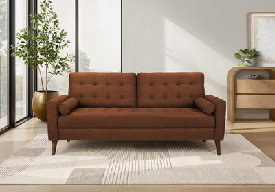 Upholstered Sofa, 75"L, Decorative Pillows, Solid Wood Legs, Rust Fabric, Mid-Century Sofa | Sofa Rembourre, 75"L, Coussins Decoratifs, Pieds En Bois Massif, Tissu Rouille, Mid-Centur