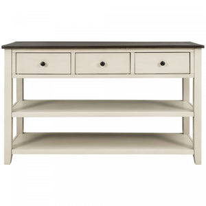 Console Wendy En Bois Massif Avec 3 Tiroirs Et 2 Etageres Ouvertes, Beige