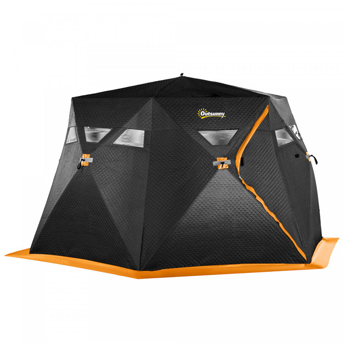 Outsunny Abri De Peche Sur Glace Isole Pour 4 Personnes, Tente De Peche Sur Glace Portable Avec Sac De Transport, Deux Portes Et Ancres Pour -30℃, Noir Et Orange