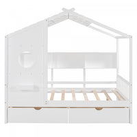 Lit Maison Jeames en Bois avec 2 Tiroirs de Rangement et Etagere, Taille Full - Blanc