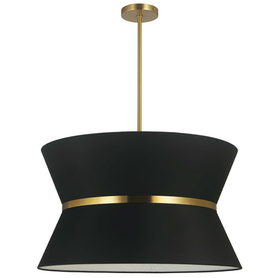 Dainolite Caterine 4 Light Pendant 24" Dia Aged Brass Finish Gold Ring/Black Shade Lamp|Luminaire suspendu Caterine de Dainolite de 24 po de diamètre, avec abat-jour noir, anneau argenté, fini laiton vieilli et 4 ampoules