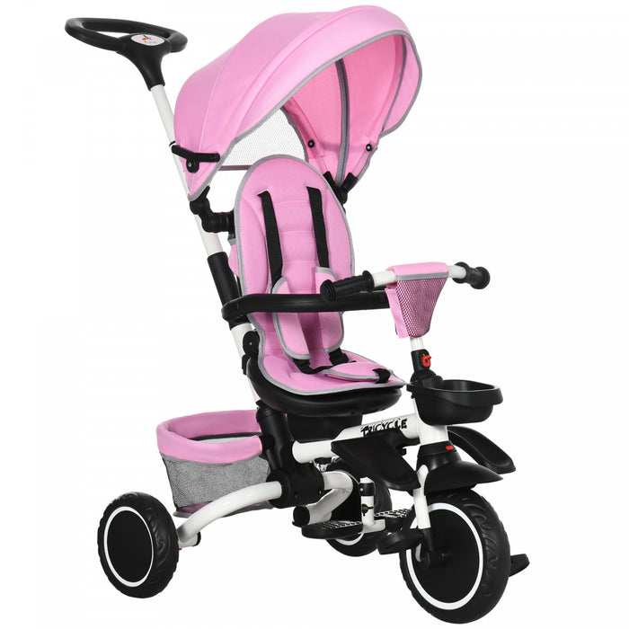 Aosom Tricycle Pour Enfant 7-en-1, Avec Siege Rotatif, Poignee De Poussee Reglable, Harnais De Securite, Auvent Detachable, Repose-pieds Semi-inclinable, Barre De Securite Pour 12-50 Mois, Rose