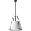 Luminaire suspendu Trapezoid de Dainolite avec abat-jour trapézoïde noir et blanc qui diffuse la lumière, tissu blanc et 3 ampoules