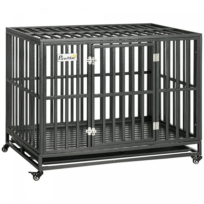 Pawhut Cage En Acier Robuste Pour Chien Avec Roues Pour Portabilite Et 1 Porte Pour Un Acces Pratique Au Sol Anti-pincement Noir