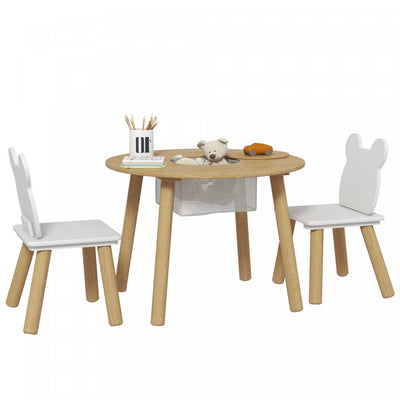 Qaba 3 Pieces Activity Table And Chair Set With Mesh Bag, Kids Table With Bear-shaped Chairs For Playroom, Nursery, Classroom, Natural Wood Finish