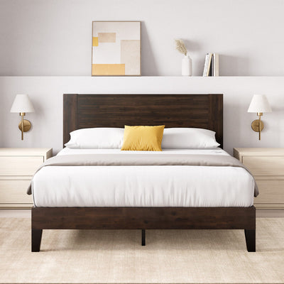 Tonja Wood Platform Bed with Headboard in Dark Brown - Queen Size | Tonja lit plateforme en bois avec tête de lit brun foncé - Grand