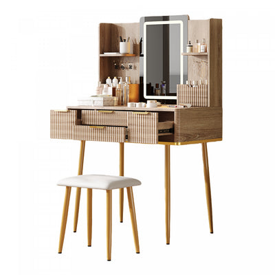 Isabella 4-Drawer Vanity Table Set with LED Mirror and Metal Legs,Yellow Brown Mirror Cabinet | Isabella Ensemble de coiffeuse 4 tiroirs avec miroir LED et pieds en metal, Brun Jaune