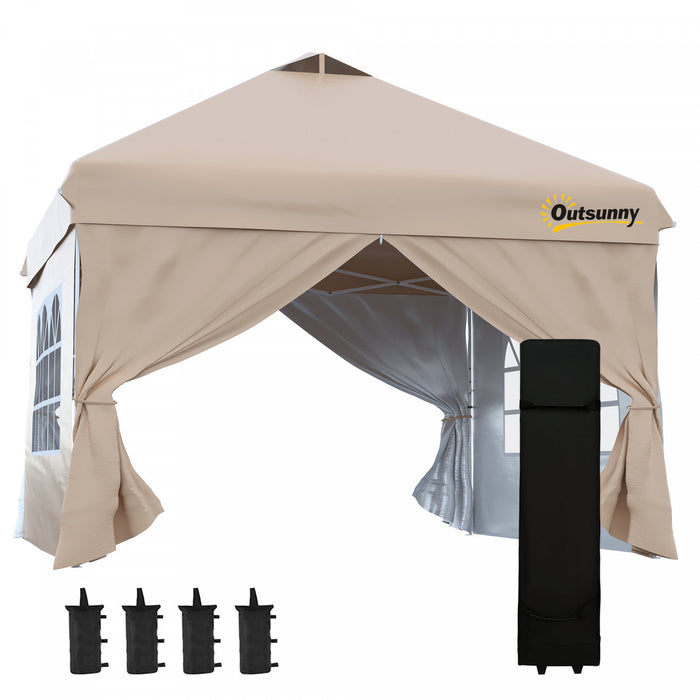 Outsunny Tonnelle Barnum Tente D'auvent Pop Up 10' X 10', Tente D'abri Instantanee Avec Parois Laterales, Fenetres, Sac A Roulettes Pour Jardin, Terrasse, Beige