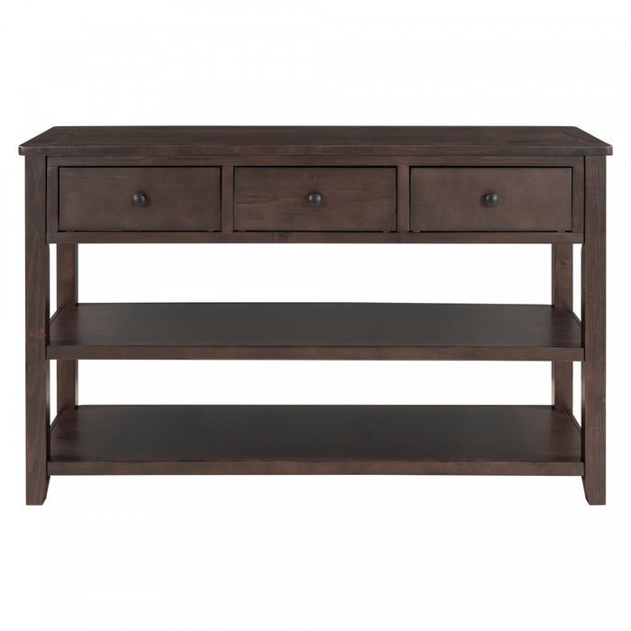 Console Wendy En Bois Massif Avec 3 Tiroirs Et 2 Etageres Ouvertes, Espresso