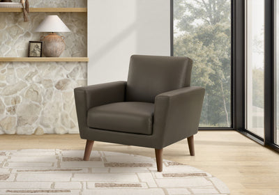 Upholstered Accent Chair, 34" Wide, Brown Leather-Look, Walnut Wood Legs, Mid-Century Accent Chair | Chaise D'Appoint Rembourre, 34"L, Aspect Cuir Marron, Pieds En Bois De Noyer, Mid-Century