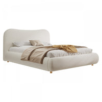 Lit plateforme Camille avec tete de lit incurvee et tapissage boucle luxueux, taille Queen, blanc