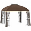 Outsunny 10' X 10' Tonnelle Pavillon Jardin Patio Terrasse Gazebo Exterieur Double Toit Avec Parois Laterales En Maille Amovibles, Etageres, Marron