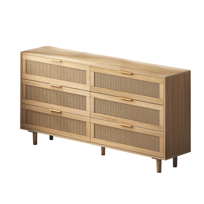 51.18" Mila Modern 6 Drawer Rattan Storage Cabinet with Engineered Wood Frame - Natural | Meuble de rangement moderne Mila a 6 tiroirs en rotin avec structure en bois manufacture, couleur naturelle, 130 cm