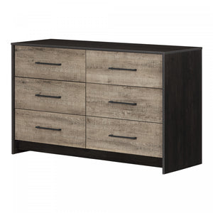 Londen Commode 6 Tiroirs - Noir Antique Et Chene Vieilli