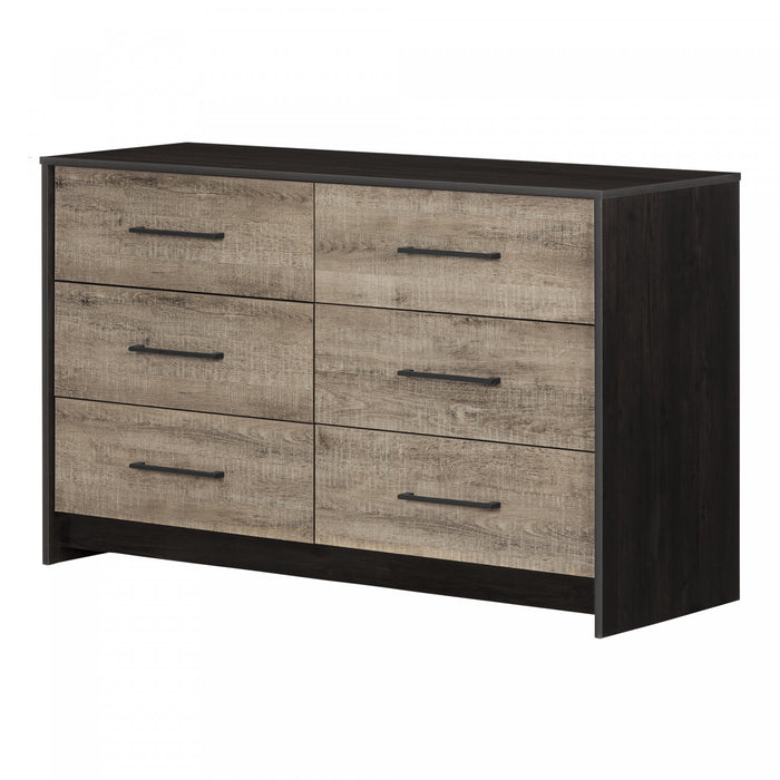 Londen Commode 6 Tiroirs - Noir Antique Et Chene Vieilli