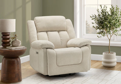 MONARCH SPECIALTIES POWER RECLINING CHAIR, 39" WIDE, GLIDER, SWIVEL, USB PORTS INCLUDED, BEIGE FABRIC RECLINER | MONARCH SPECIALTIES FAUTEUIL INCLINABLE ELECTRIQUE, 39"L, PLANEUR, À GLISSEMENT, PORT USB INCLUS, TISSU BEIGE