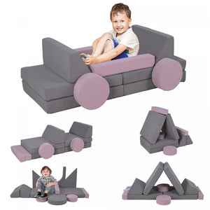 Qaba Canape De Jeu Modulaire Pour Enfants 12 Pieces Pour Salle De Jeux, Chambre A Coucher, Canape Convertible Pour Enfants En Mousse Et Coussin De Sol, Garcons Et Filles, Gris