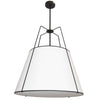 Luminaire suspendu Trapezoid de Dainolite avec abat-jour trapézoïde noir et blanc qui diffuse la lumière, tissu blanc et 3 ampoules