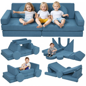 Qaba Canape De Jeu Modulaire Pour Enfants 12 Pieces Pour Salle De Jeux, Chambre A Coucher, Canape Convertible Pour Enfants En Mousse Et Coussin De Sol, Garcons Et Filles, Bleu