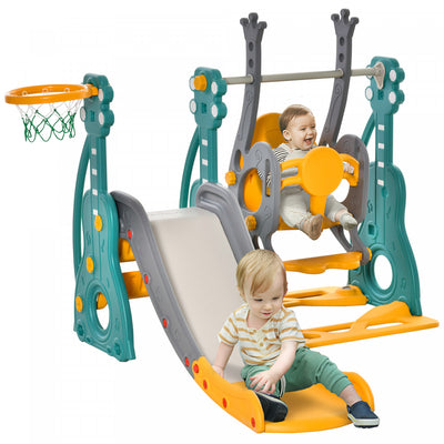 Qaba 4-in-1 Kids Swing And Slide Set With Basketball Hoop And Adjustable Seat Height, Toddler Play C|Qaba Toboggan Et Balancoire Pour Enfants De 18 Mois A 3 Ans Avec Panier De Basket 3 En 1 Hauteur Reg