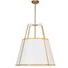 Luminaire suspendu Trapezoid de Dainolite avec abat-jour trapézoïde doré et blanc qui diffuse la lumière, tissu blanc et 3 ampoules