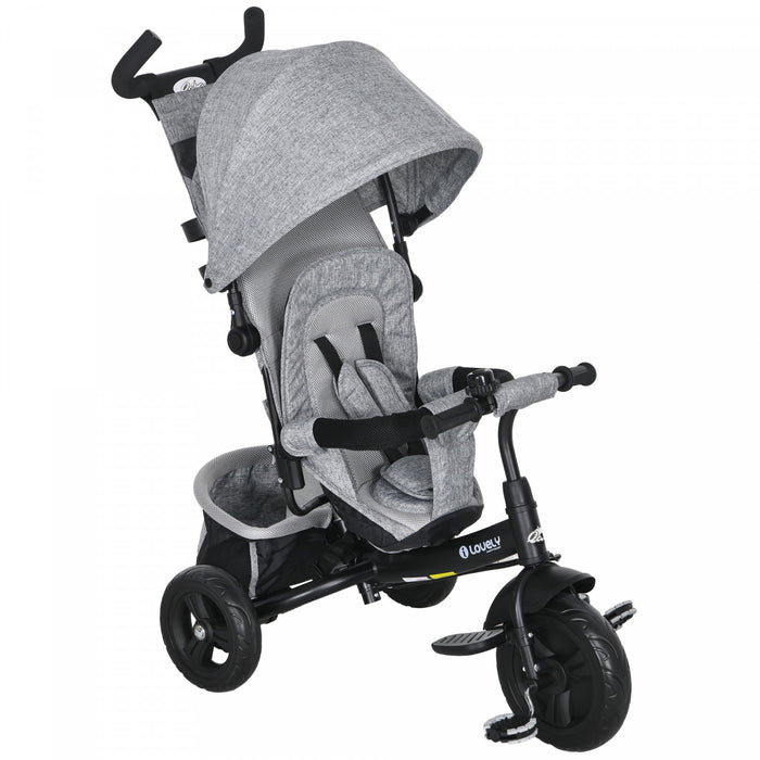 Qaba Tricycle 4 En 1 Pour Tout-petits, Tricycle Pour Enfants Avec Auvent Pliable, Poignee Et Housse Amovibles, Panier De Rangement, Ceinture De Securite A 5 Points, Pour Enfant De 1 A 5 Ans, Gris