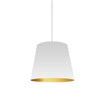 Petit luminaire suspendu de Dainolite avec très grand abat-jour cylindrique blanc et doré, et 1 ampoule