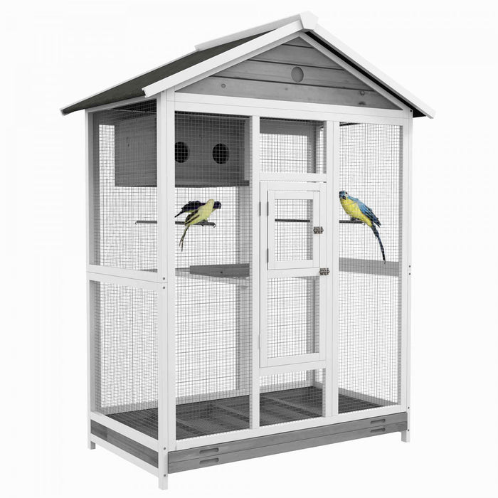 Pawhut 65\" Cage A Oiseaux Grande Voliere En Bois Pour Canari Avec Plateau Coulissant Nid De Poteau Debout, Pour Interieur Exterieur, Gris