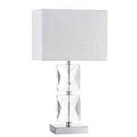 Lampe de table Crystal de Dainolite en cristal de forme carrée, avec abat-jour blanc, fini chromé poli et 1 ampoule