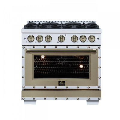 Forno Ambassador 36" Gas Range in White, 6 Sealed Burners, 5.2 Cu.Ft. Oven - FFSGS6299-36CPWHT | Cuisiniere a gaz Ambassador de 36 po, blanche, 6 bruleurs scelles, four de 5,2 pi³ – FFSGS6299-36CPWHT