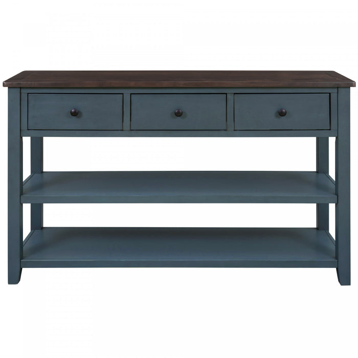 Console Wendy En Bois Massif Avec 3 Tiroirs Et 2 Etageres Ouvertes, Bleu Marine