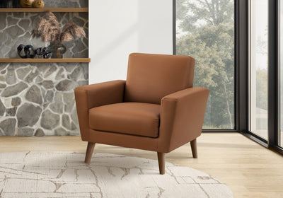 Upholstered Accent Chair, 34" Wide, Cognac Leather-Look, Walnut Wood Legs, Mid-Century Accent Chair | Chaise D'Appoint Rembourre, 34"L, Apparence Cuir Cognac, Pieds En Bois De Noyer